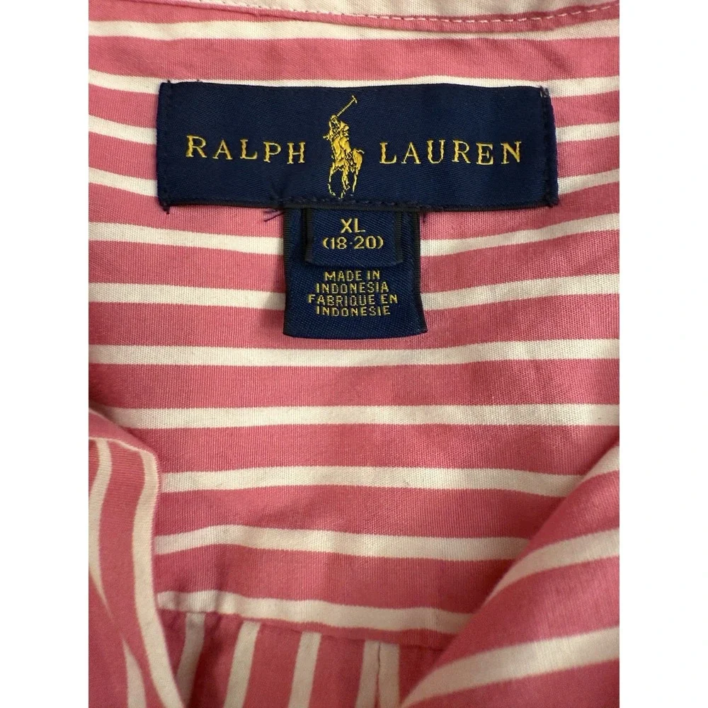 Ralph Lauren Shirt Boys Button Down XL (18-20) Pink White Striped Blue Pony Logo